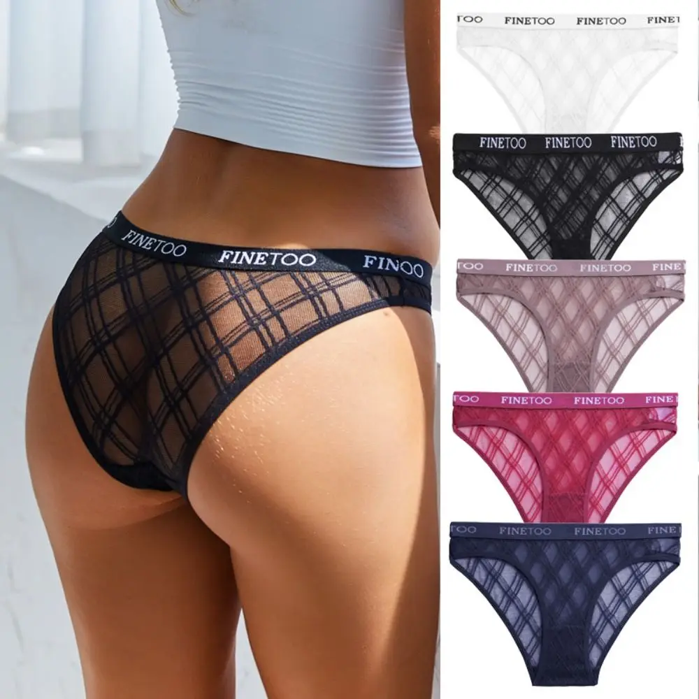 

Simple Fashion Stripe Lace Low Waist Panties Transparent Mesh Letter Belt Underwear Solid Color Cotton Crotch Brief for Female