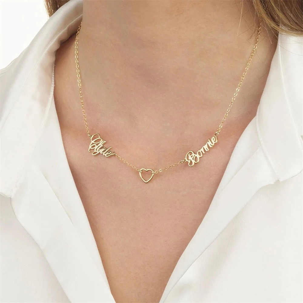 Double Name Necklacе Couples Jewelry Stainless Steel Customized Items Personalizad Hollow Heart Necklace Christmas Gift