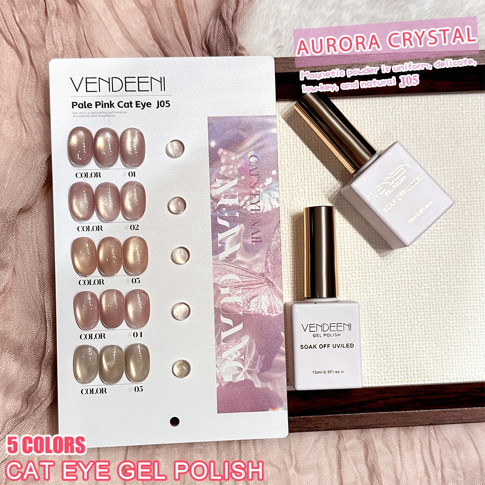Vendeeni 5 Farben Pfirsichrosa Kristall-Katzenaugen-Gel-Nagellack-Set Magnetischer UV-LED-Gel-Lack Glasperlen-Katzenaugen-Gel mit Display – Detail 6