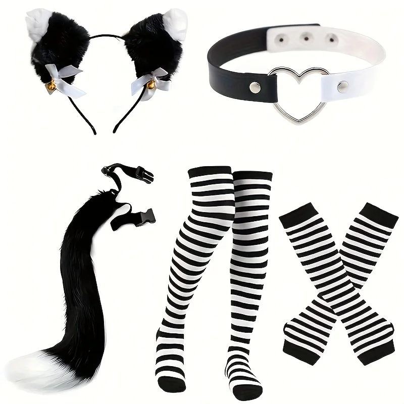 

Holiday black and white striped cat ear headband furry tail Christmas clothing cat clothing accessories