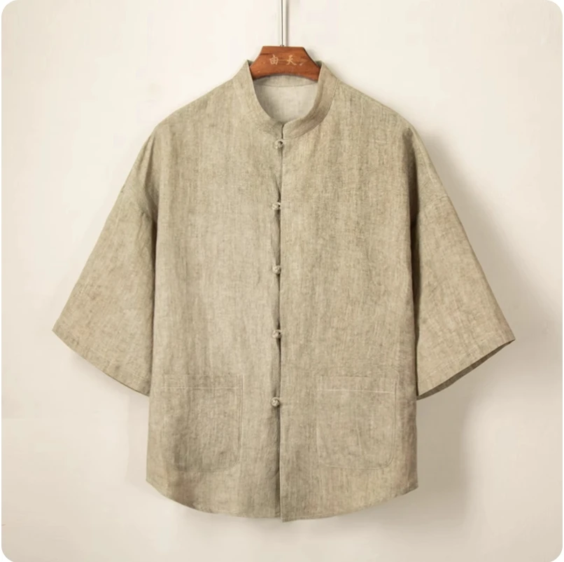 

Мужская рубашка с рукавами семь четвертей в китайском стиле из хлопка и льна в стиле Тан, повседневная мужская рубашка в стиле ретро со средними рукавами и воротником-стойкой