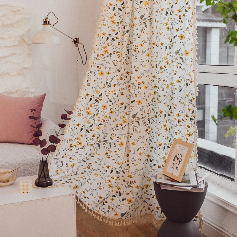 

Boho Curtain Semi-Blackout Yellow Floral Printed Cotton Linen Tassels Rod Pocket Farmhouse Window Drapes for Living Room Bedroom