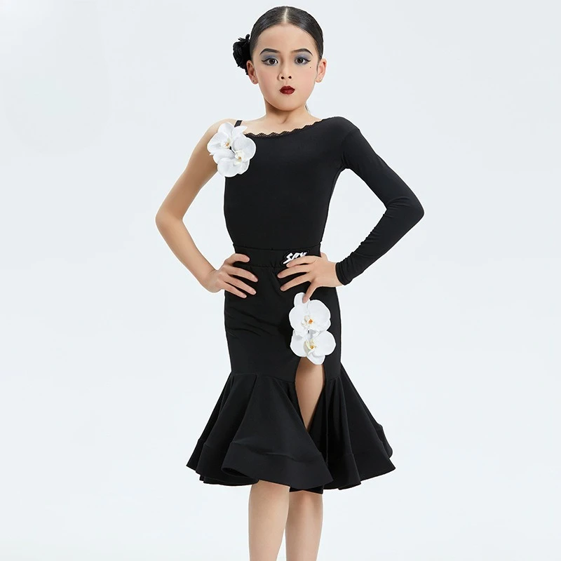 

Children's girl Latin dance outfit - Girls' black training sportswear set for 2026 summer maxi skirt performance attire