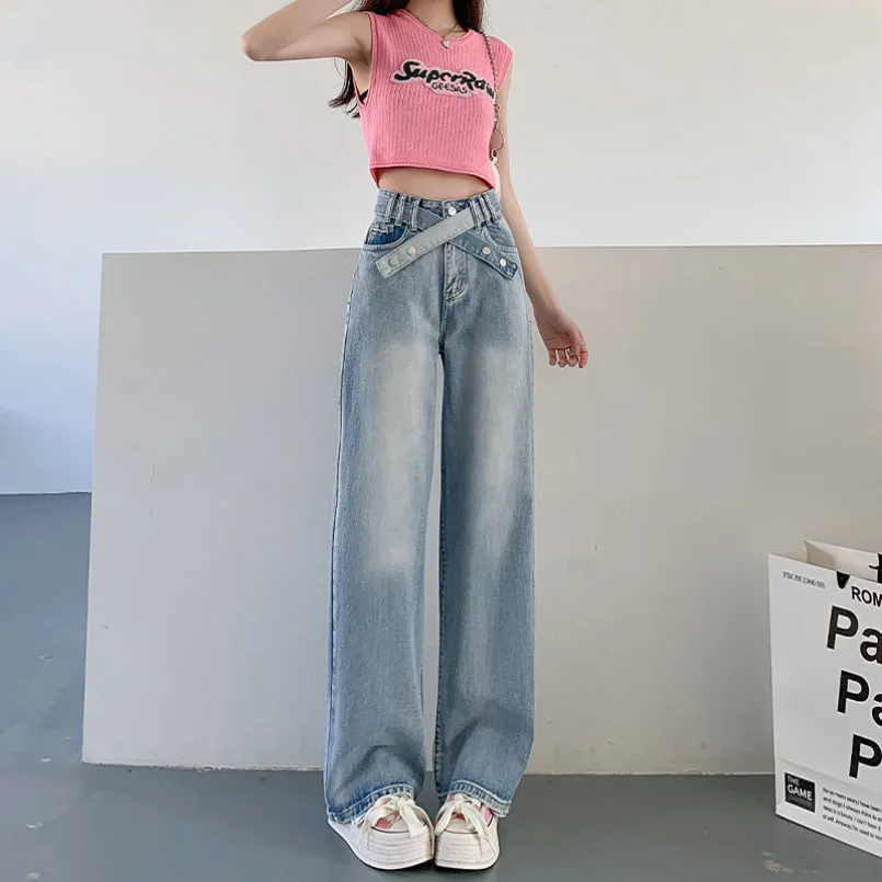 2023 Summer Wide Leg Jeans Women's Spring/Summer High Waist Slim Loose Straight Sleeve Design Strap Ins Fashion