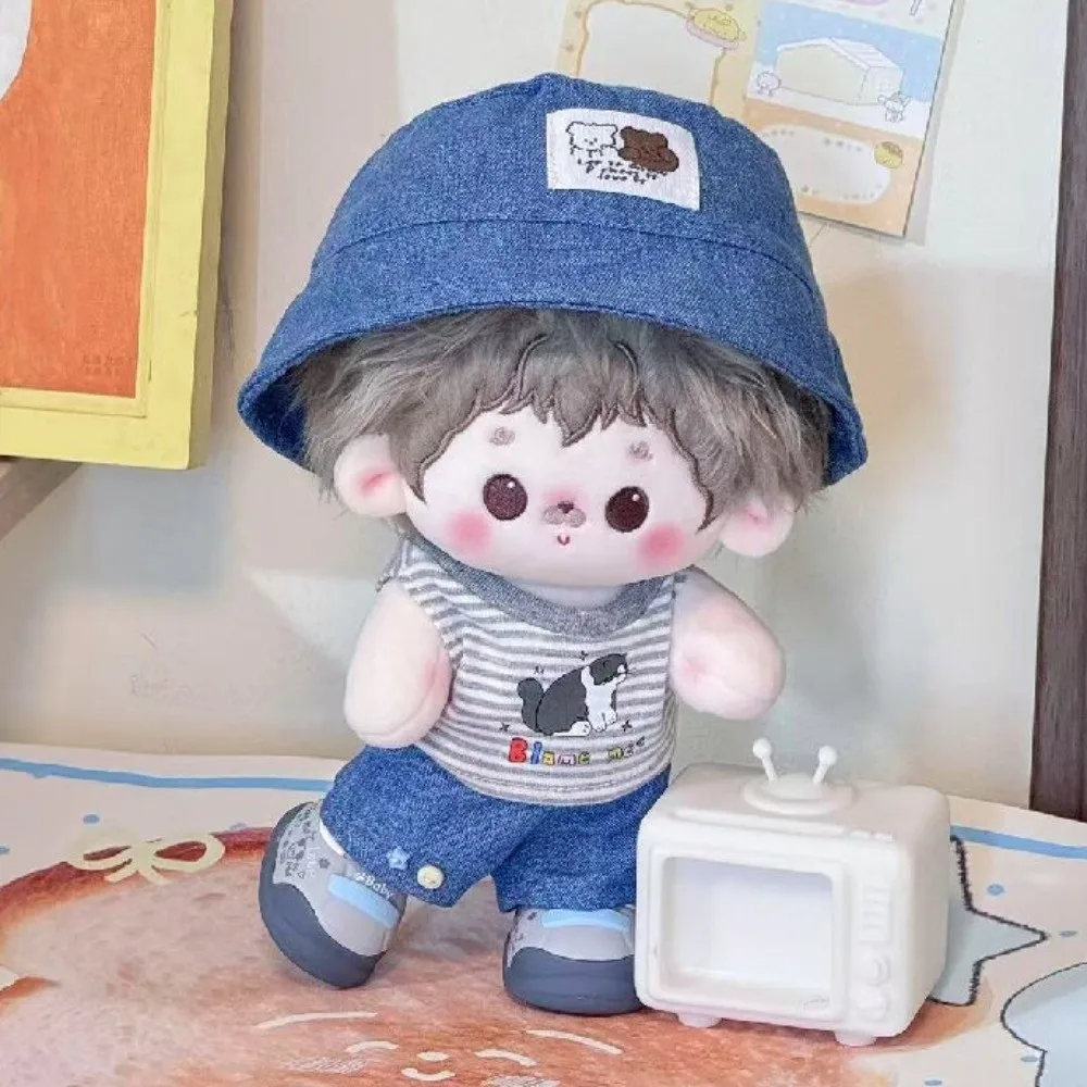 1 conjunto de camiseta listrada 10/20cm roupas de algodão chapéu de cowboy padrão de desenho animado 20cm roupas de algodão mini conjunto de verão 10cm roupas