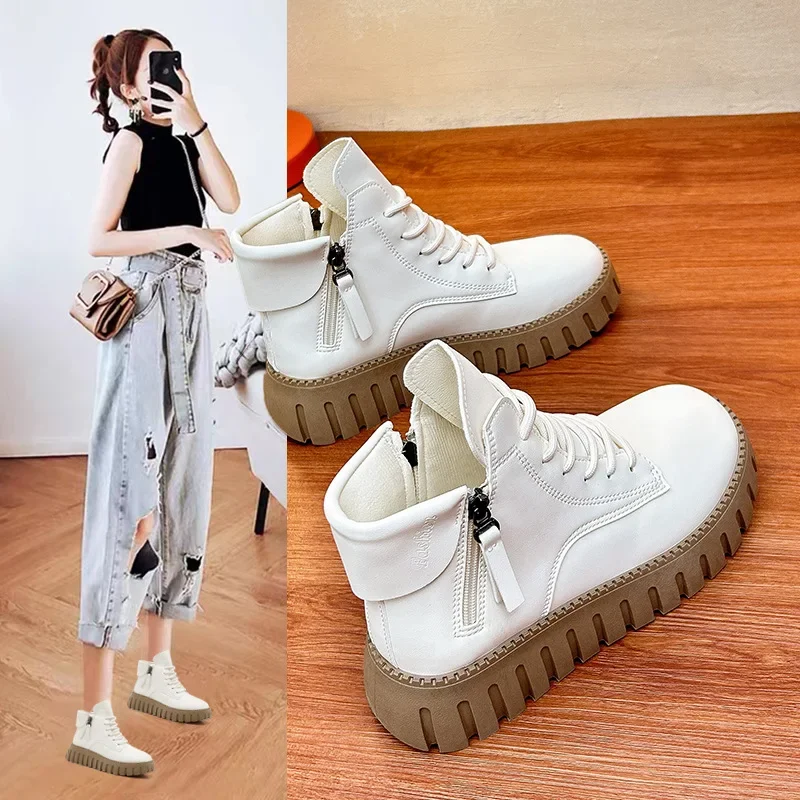 New Autumn and Winter Fashionable and Versatile White Shoes for Women High Top Casual Sneakers Trendy Thick Soled Martin Boots