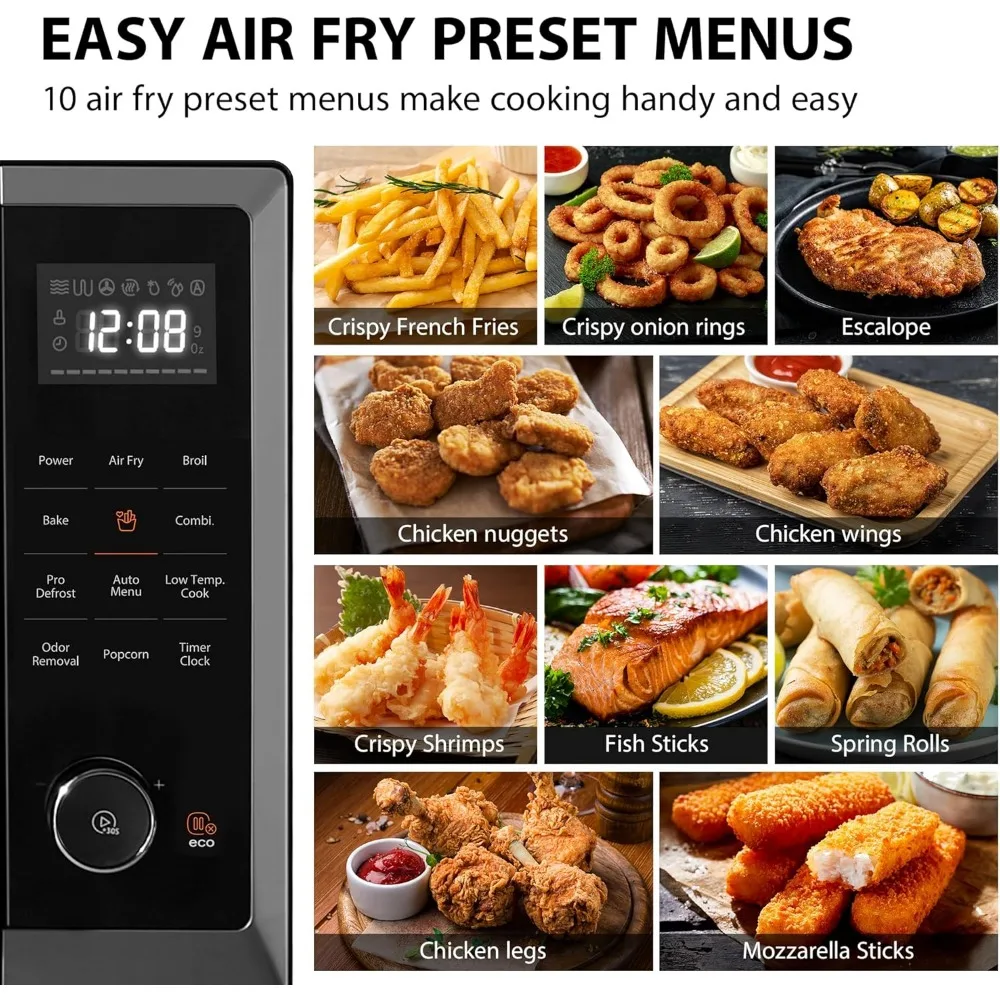 Fornos de microondas de mesa, Air Fryer Combo, Memory Turntable, 1,0 Cu.ft, 12.4 "Posição, 8 em 1