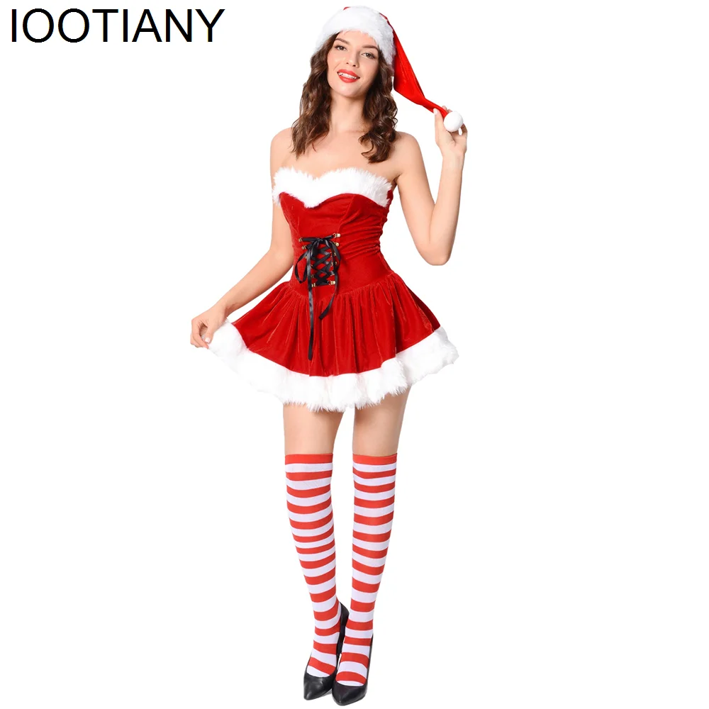 Iootiany Sexy Women's Strap-on New Year Costume Temptation Red Velvet Tube Dress Halloween Cosplay Bar Bunny Party Uniform Set