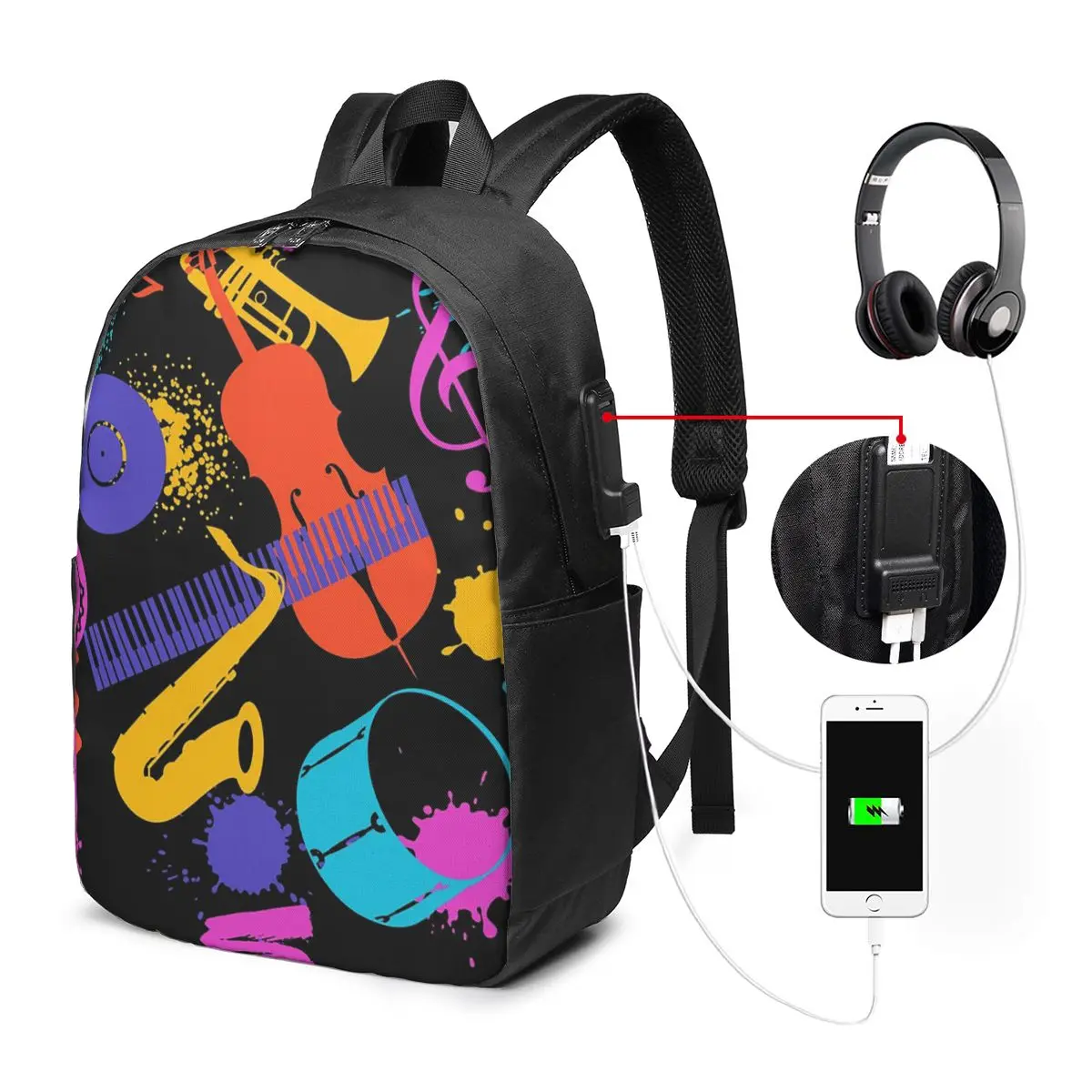 Vibrant Music Instrument Cartoon Backpack Travel Notebook Bag Computer College Student School Bag Laptop Shoulder Bags Men Women