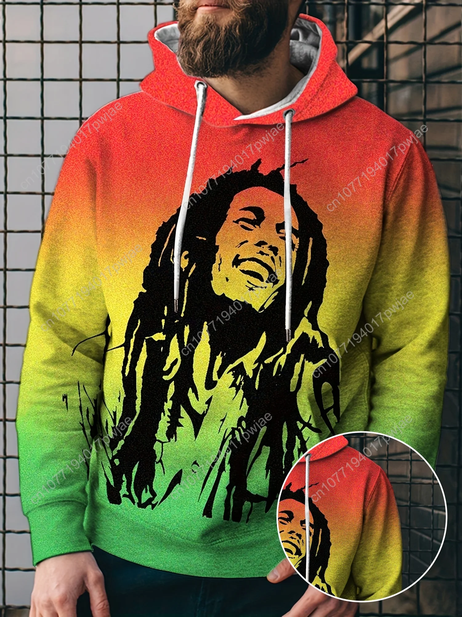 Men's Casual Hoodie with 3D Printed Singer Portrait, Retro Abstract Gradient Pattern, Long Sleeve Hooded Sweatshirt with Drawstr