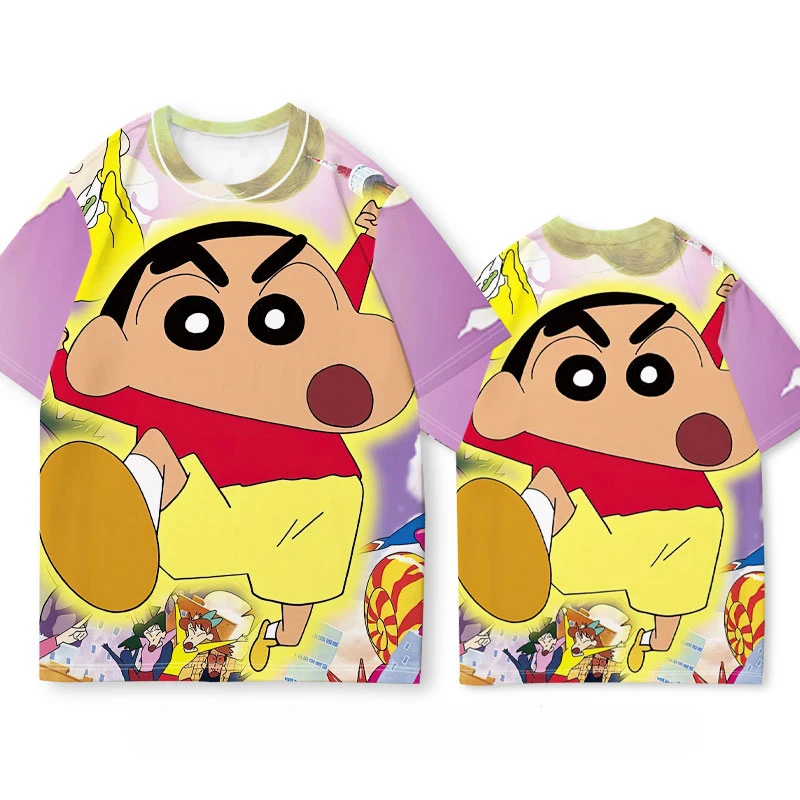 

2024 Crayon Small New Clothes Joint T-shirt Loose Short Sleeve Men's and Women's Summer Children Loose Animation Two Yuan Around