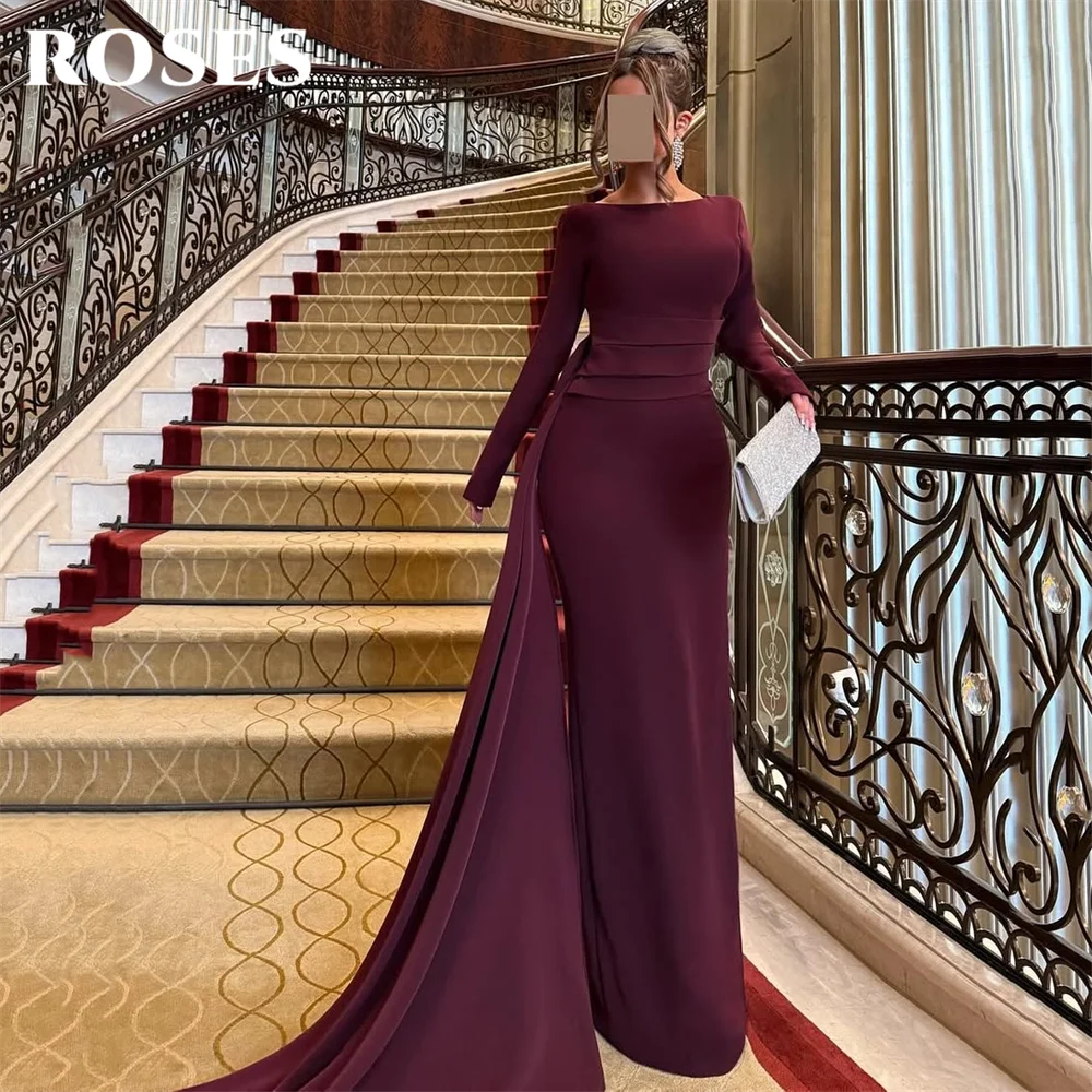 

ROSES Burgundy Mermaid Prom Dress Boat Neck Celebrity Dress Long Sleeve Women's Evening Dress with Train Formal Gown Customized