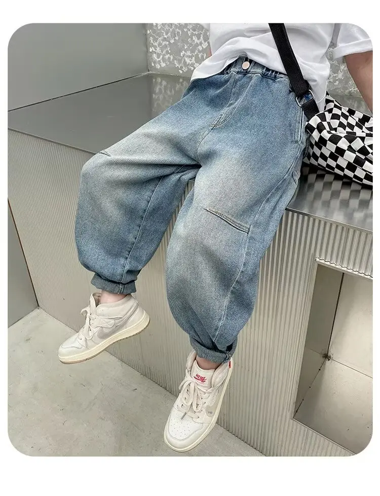 Spring Autumn Kid Boys Denim Pants Pockets Children Boys Jeans Loose Exterior Stylish Students Boys Pants 2-10 Years Students