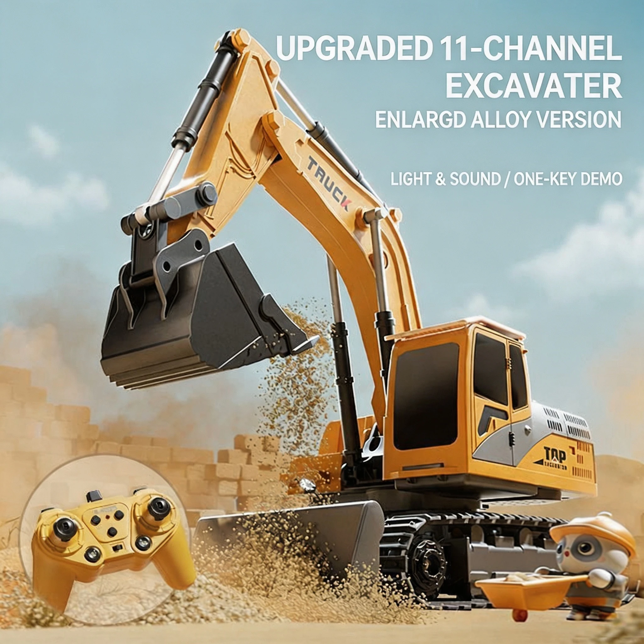 Alloy remote-controlled excavator toy car with lights, audio system, electric engineering vehicle, children's birthday gift