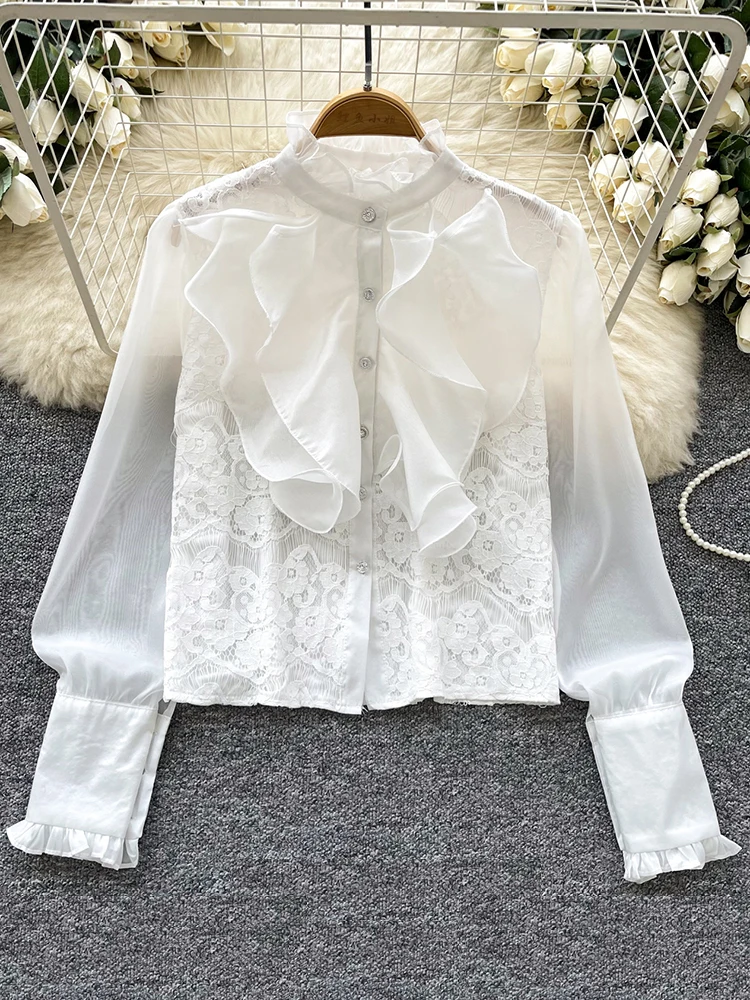 

Long Sleeved Tuxdeo Shirts Women's Spring Retro Sweet Pink Three-dimensional Flower Ruffle Lace Patchwork Mesh Blouse Top C53