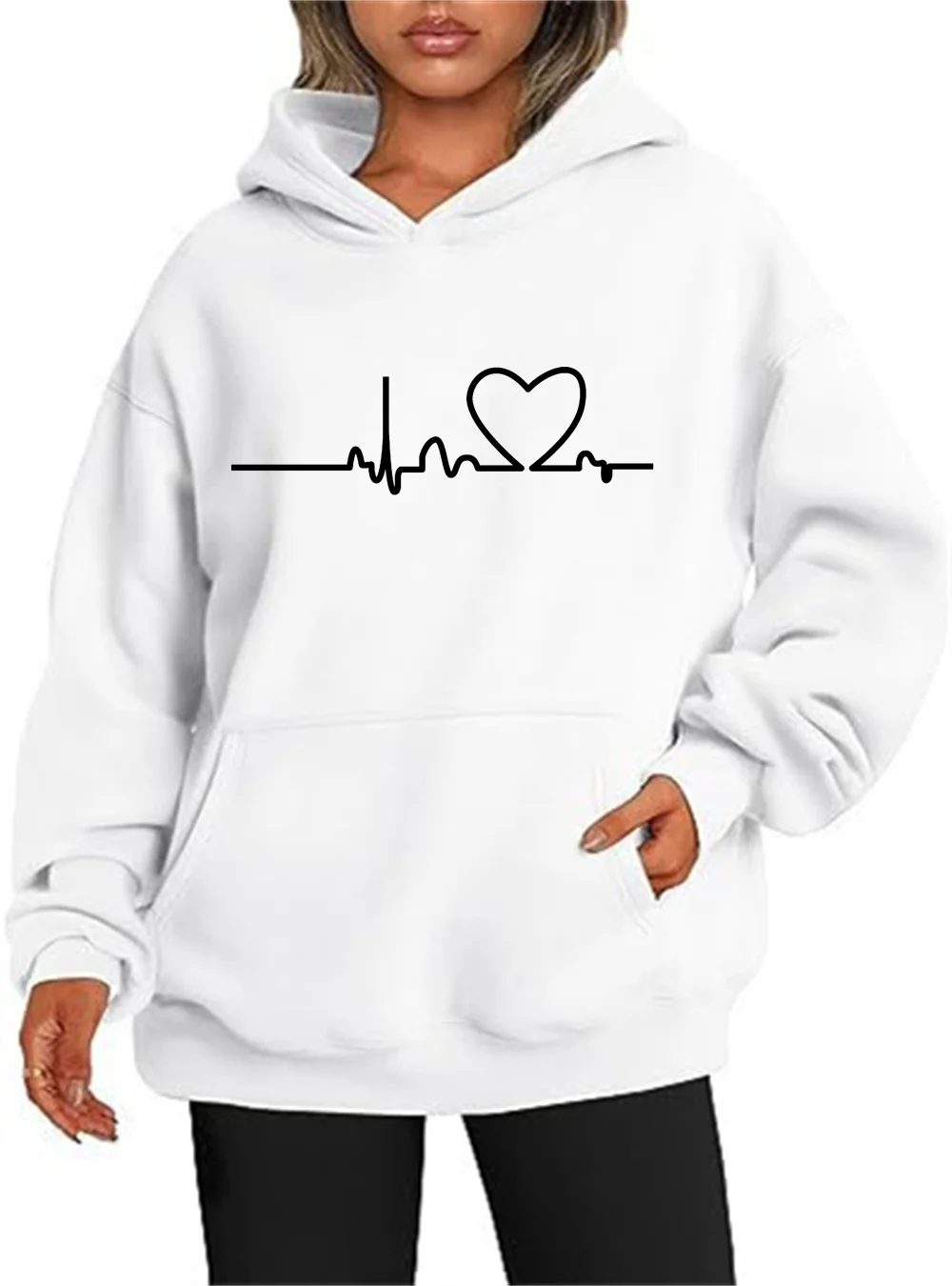 Chaopai 2024 New Product Women\'s Sweater Heartbeat Love Printed Hoodie New Autumn/Winter Sweater Warm and Comfortable