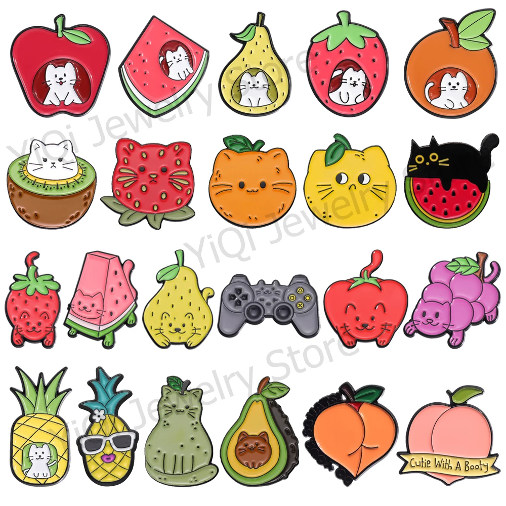 Cute Fruit Cat Enamel Brooch Watermelon Banana Strawberry Apple Pear Peach Kitten Metal Badge Punk Animal Lapel Pin Jewelry Gift