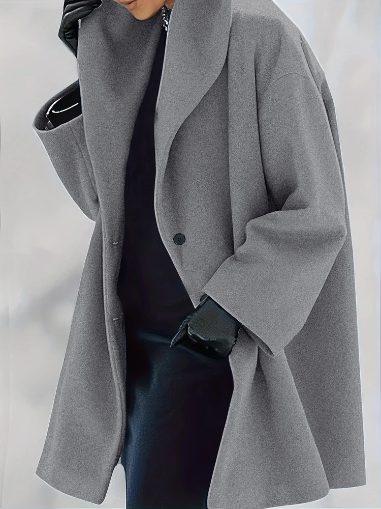 سترة نسائية مقاس كبير بلون سادة وأكمام طويلة وياقة واحدة مع جيوب فضفاضة تناسب رقبة على شكل حرف V معطف واق من المطر بسيط