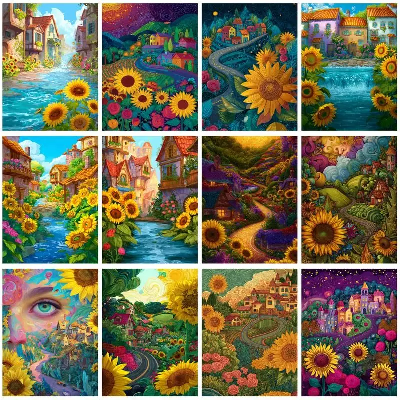 

CHENISTORY Oil Painting By Numbers Sunflower Kits For Adults Handpainted DIY Coloring By Number House Home Decoration