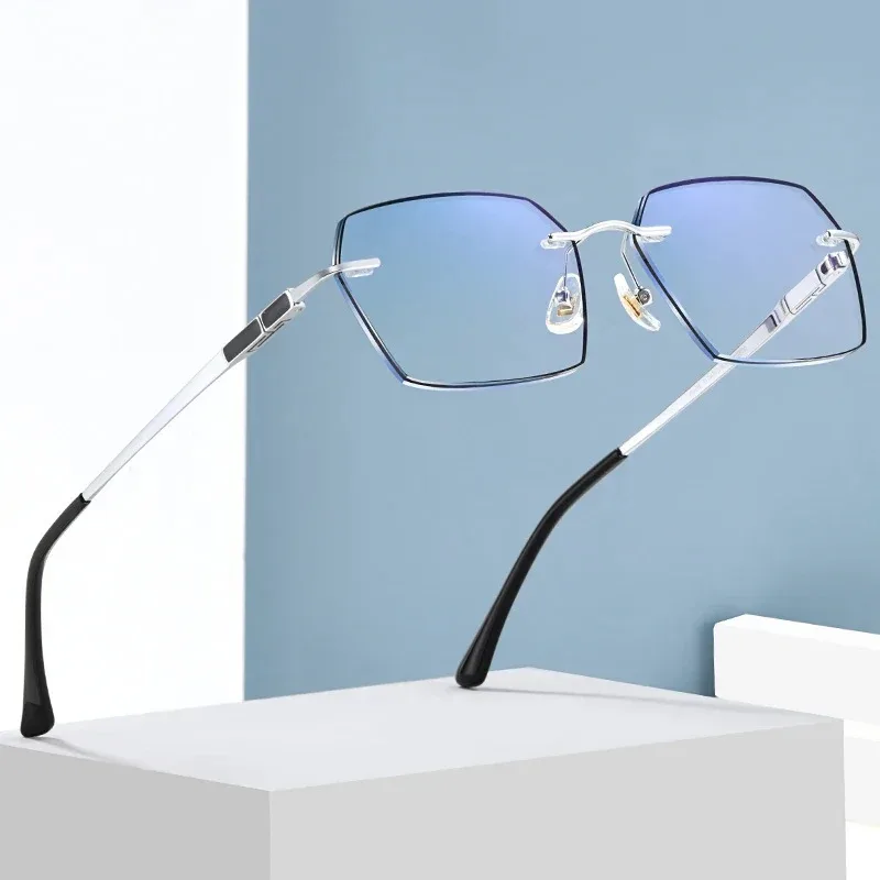 Randlose Lesebrille für Damen, Anti-Blaulicht-Schnittkante, mittleres Alter und ältere Menschen, modische Brillen für Herren