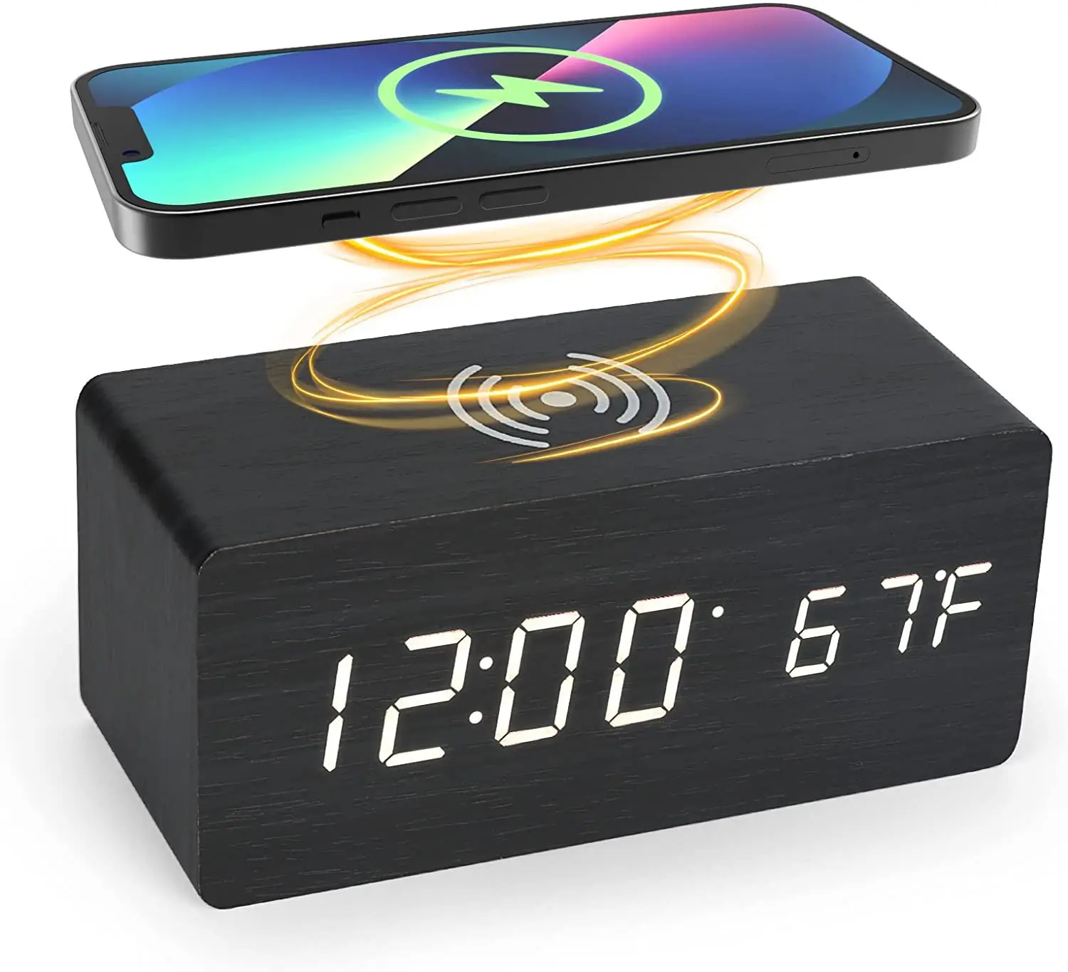 

E2 Wooden LED Smart Alarm Clocks Wireless Charger For Bedroom Bedside Table Square Voice Control Desktop Digital Clock Decor