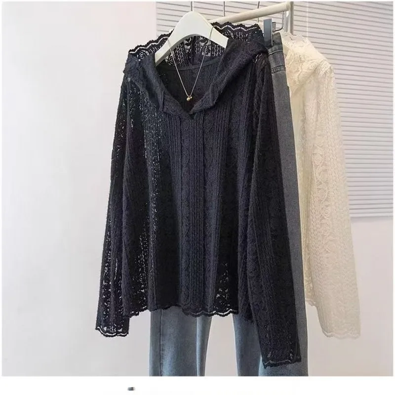 Hook Flower Lace Hollow Hooded Shirt For Women, Spring 2025 Korean Medium Length Top