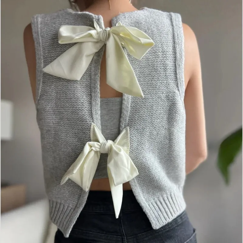 

Talenza Autumn Bow Sweater Women's New Sleeveless Hollow Out Patchwork Knitted Top Casual Loose Office Lady Streetwear Sweater