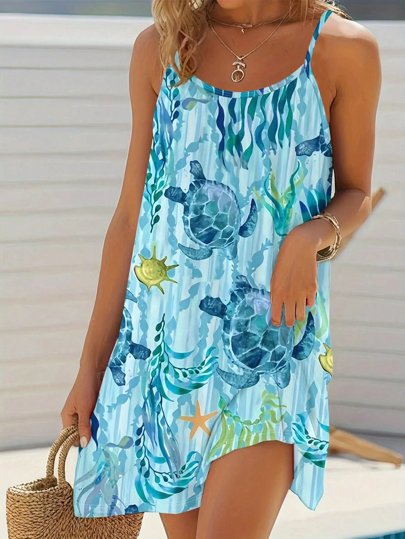 

Women's Sleeveless Beach Style Turtle Print Asymmetrical Hem Dress Summer