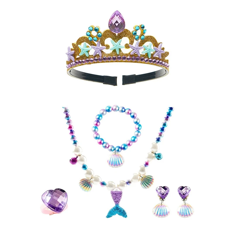 5pcs/set Kid Princess Party Dress Up Accessory Mermaid Tail Necklace Crown Earrings Rin for Girl Birthday Party Jewelry