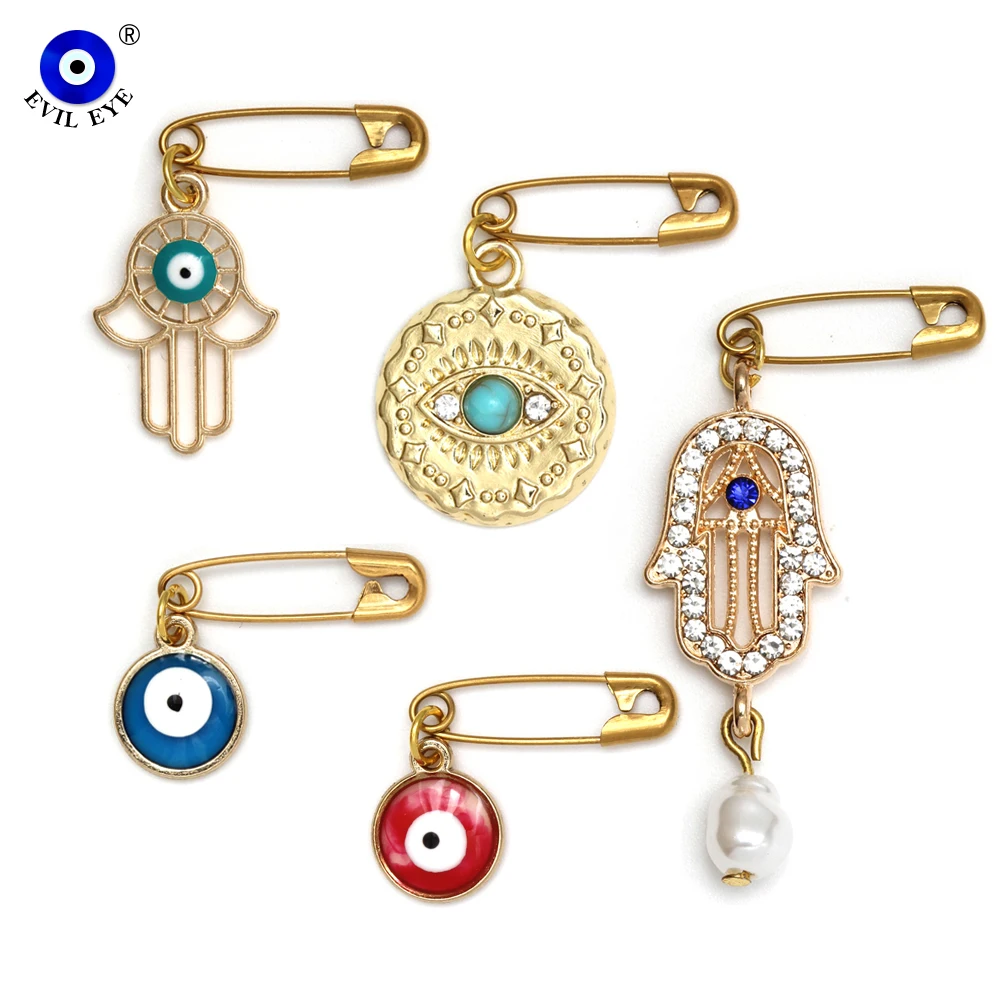 EVIL EYE 3pcs/lot Alloy Fatima Hamsa Hand Turkish Evil Eye Charm Brooch Pin Gold Color Pin for Women Girls Men Fashion Jewelry