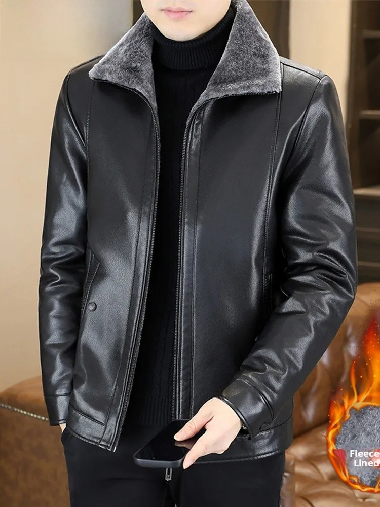 Thickened Fleece Warm Men's Jacket Woodpecker Genuine Leather Fur Integrated Autumn Winter New Style Business Casual Coat