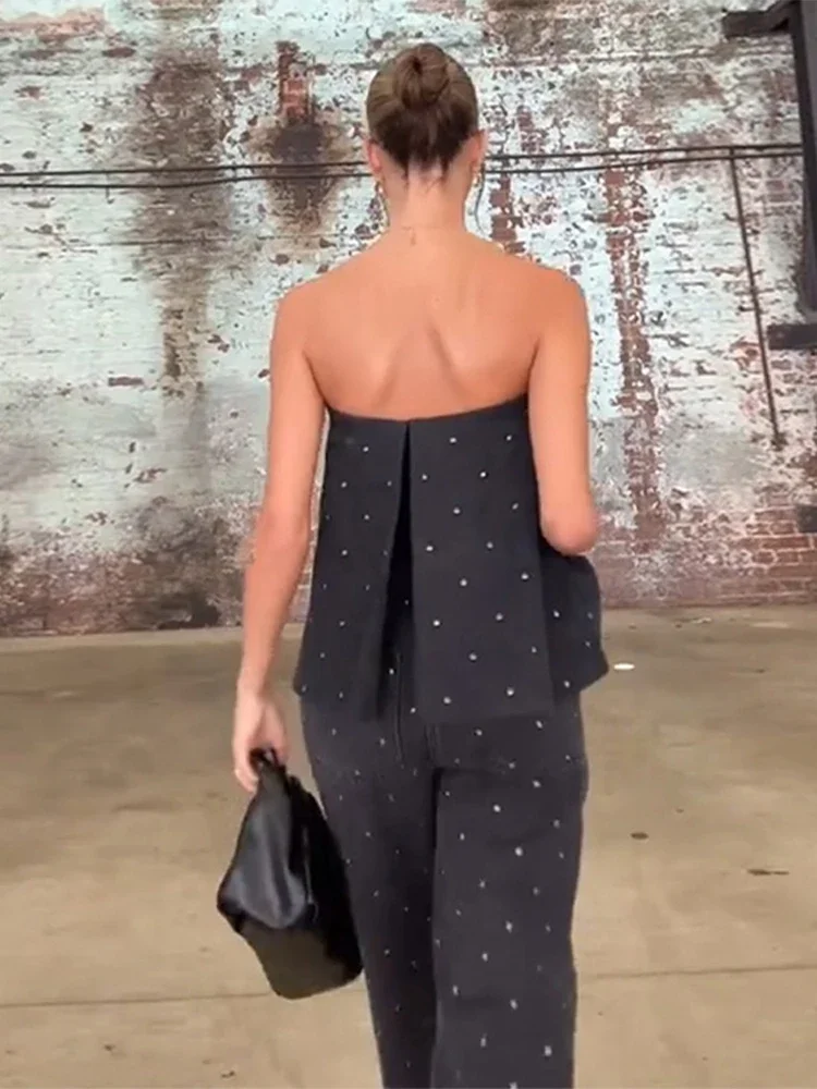 CPSYMYM Mode Diamant Tube Top Broek Sets Vrouwen Sexy Strapless Mouwloos Backless Vest Wijde Pijpen Broek Zomer Dame Outfit