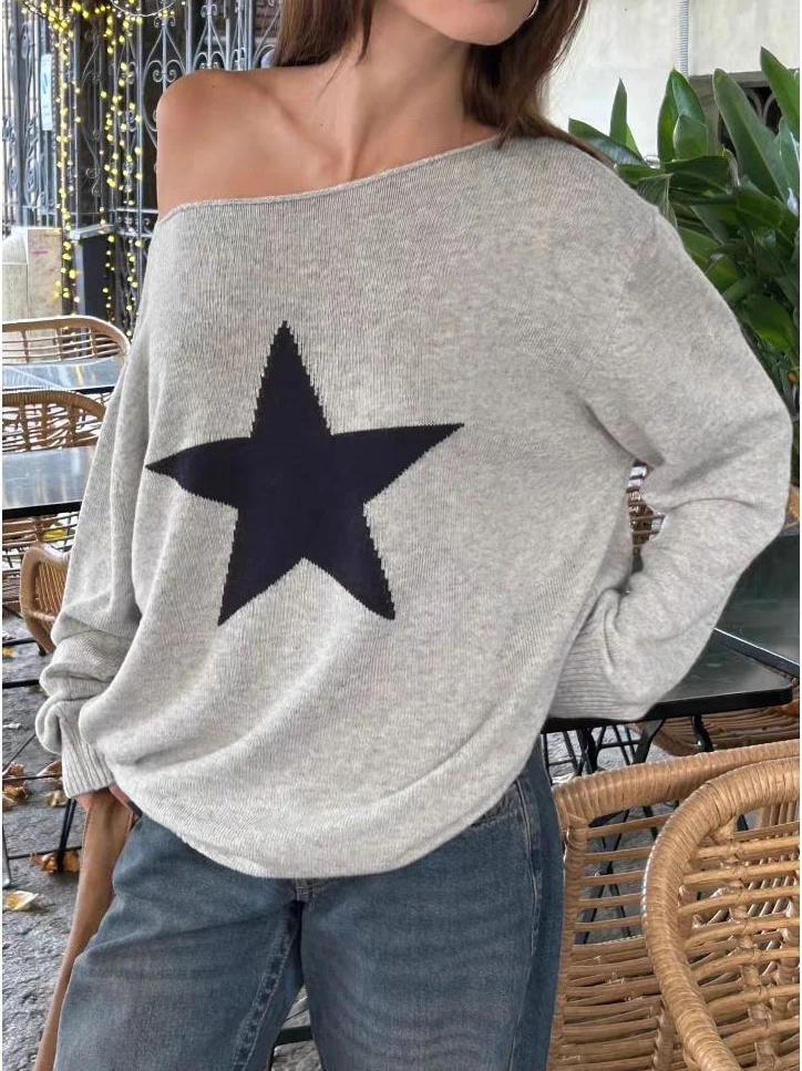 

Star Jacquard Sweater Woman Autumn Raw Hem Slash Neck Long Sleeve Pullover Female Casual Vintage Preppy Style Loose Jumpers Top