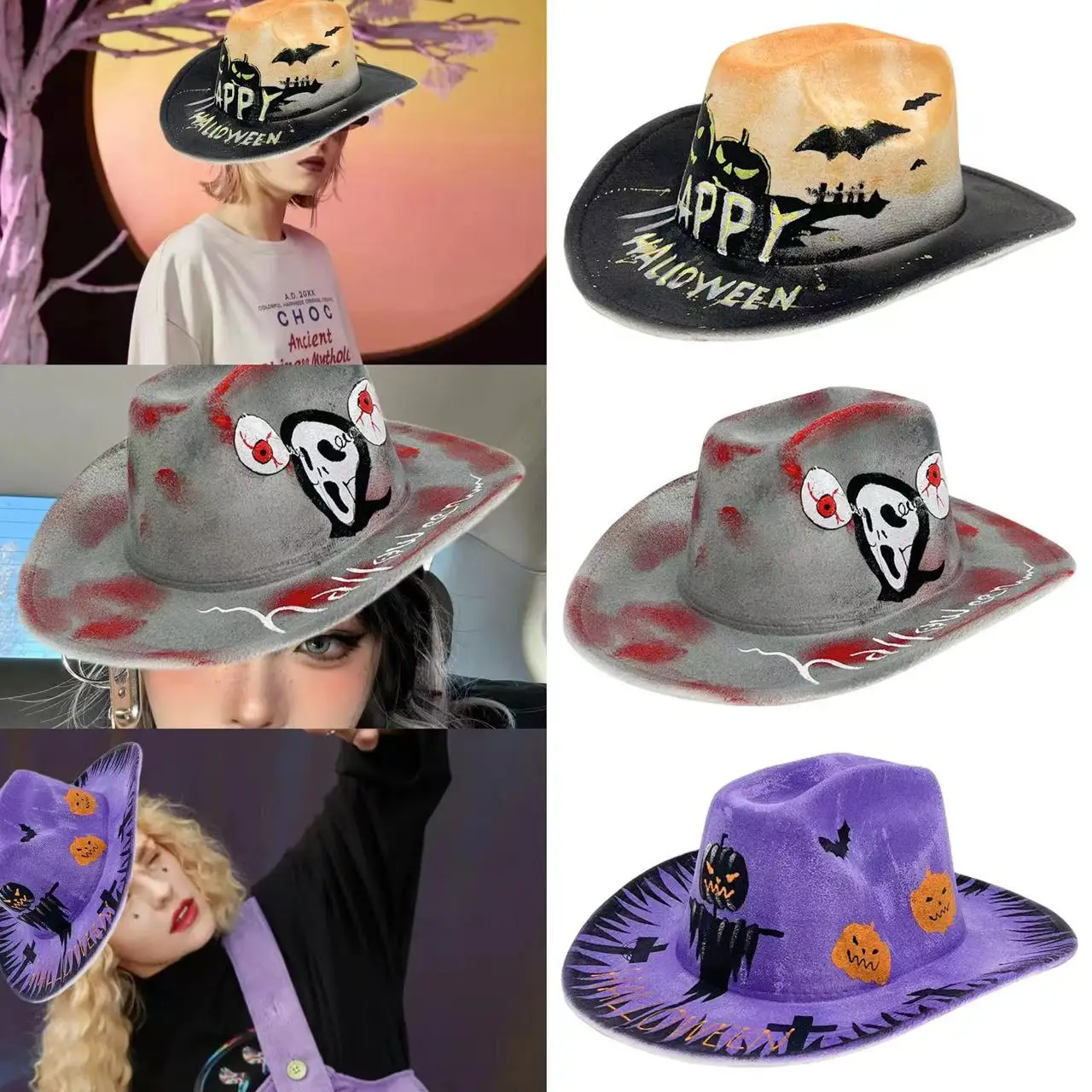 2024 New Halloween Cowboy Hat Hand-Painted Fun Halloween Hat Wide Brim Cowgirl Costume Accessory Party Hats For Men Women