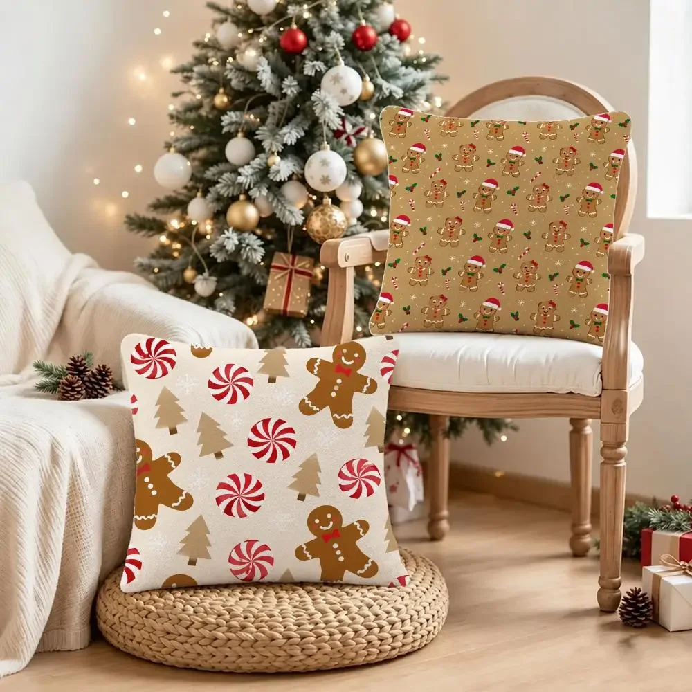 Cute Pattern Christmas Gingerbread Man Candy Cane Scatter Pattern Cushion Cover Short Plush Pillowcase, Sofa Bedroom Home Decor