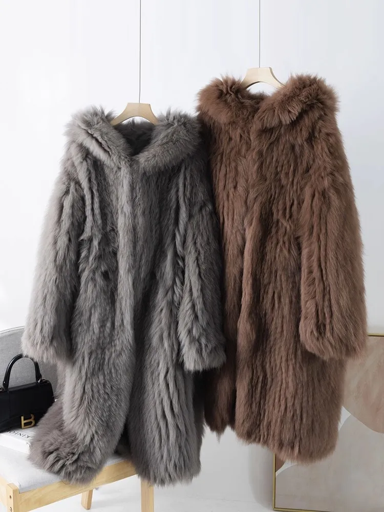 겨울 여성용 오버사이즈 롱 리얼 폭스 퍼 재킷 우아한 여성 파티용 플러피 오버코트 신상 디자이너 따뜻한 루즈핏 후드 아우터웨어
