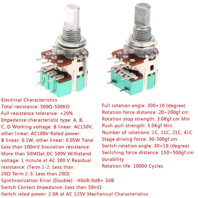 High Quality H120 Stereo Channel with Switch A50k A10k 15mm Half Shaft Volume Potentiometer for Daily Life & Work Needs