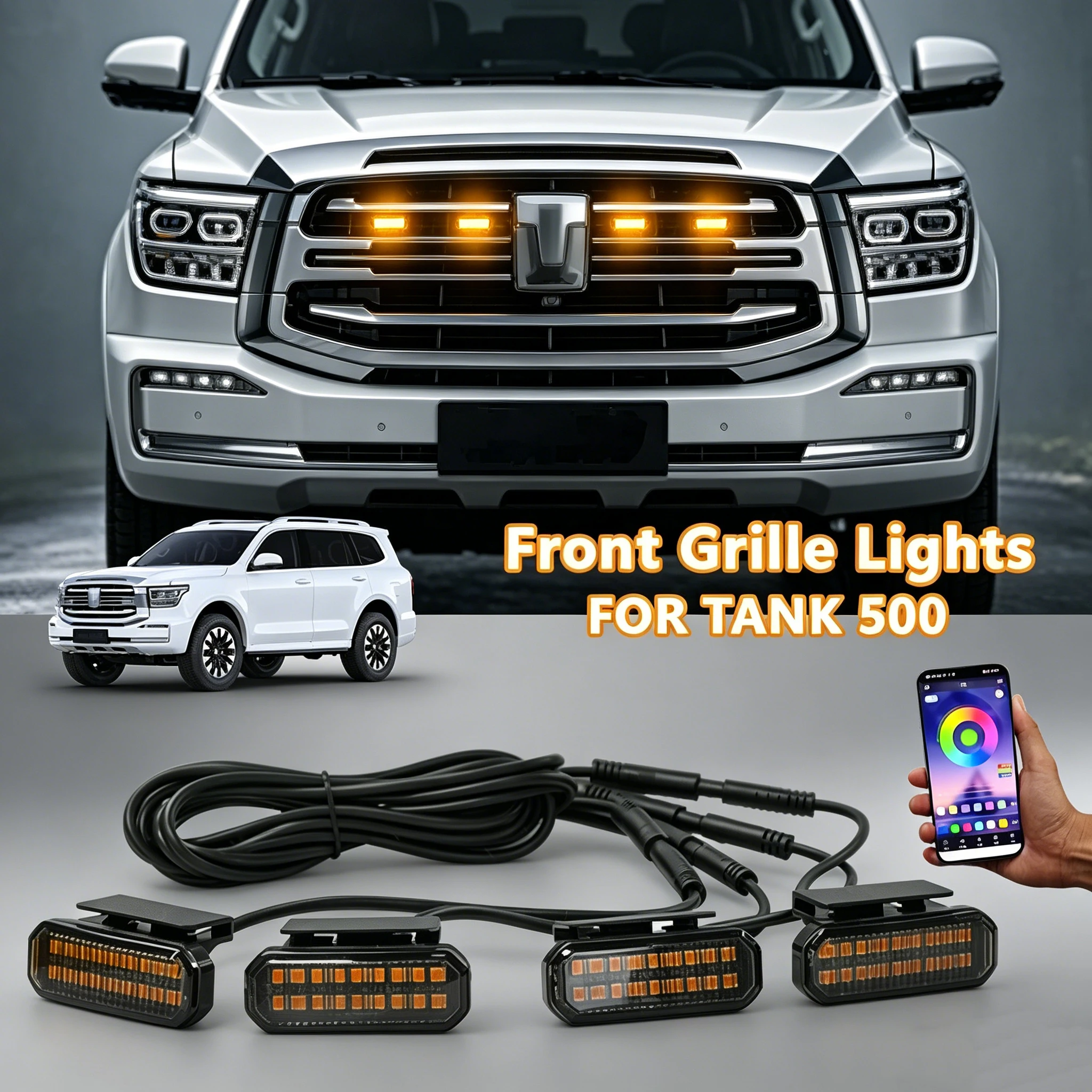 

FOR TANK 500 APP Controlled LED Front Grille Yellow Lights Super Bright Daytime Running Lamps Specific Grill Lights