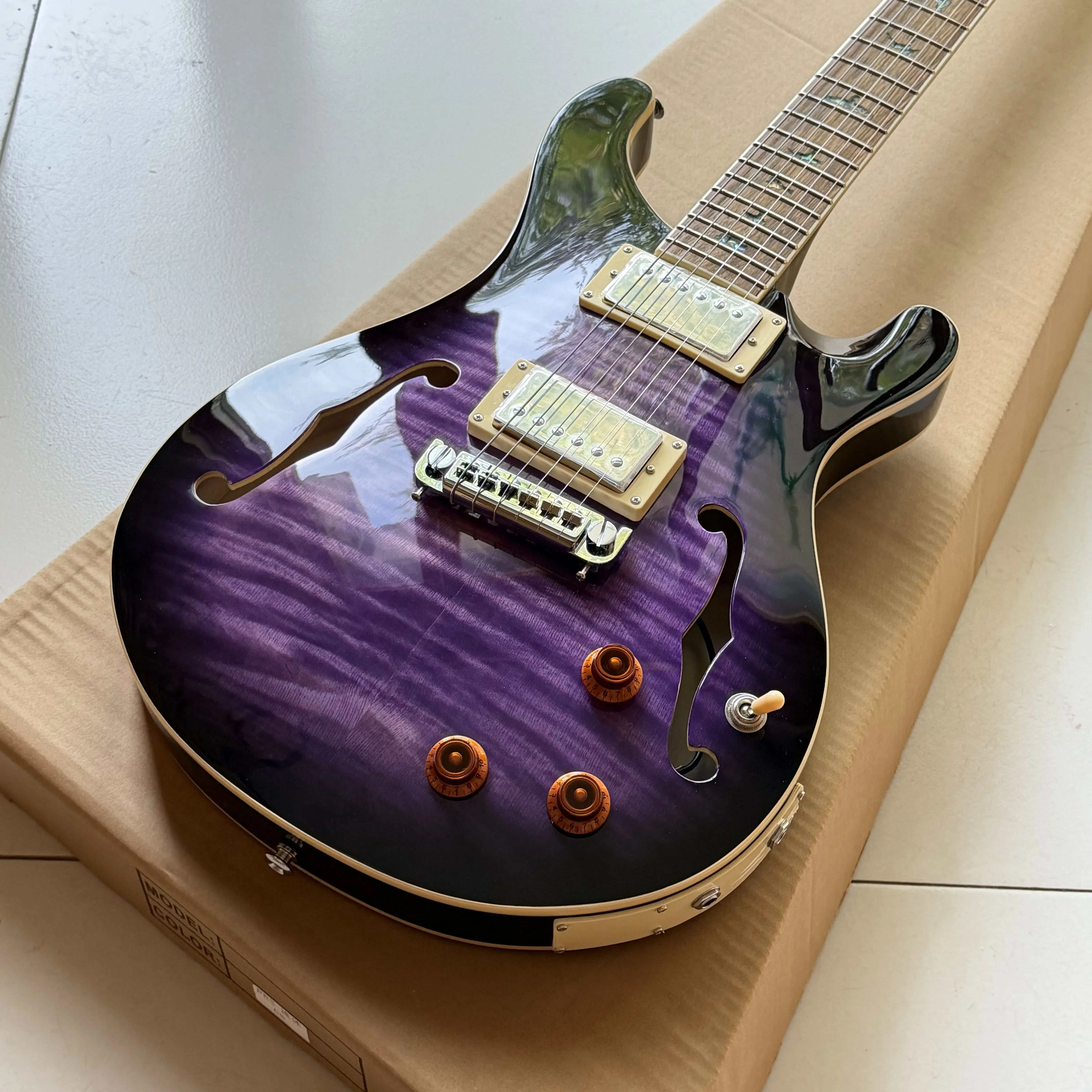Semi Hollow PRS Electric Guitar Double-sided purple tiger flame maple top HH Chrome Pickups