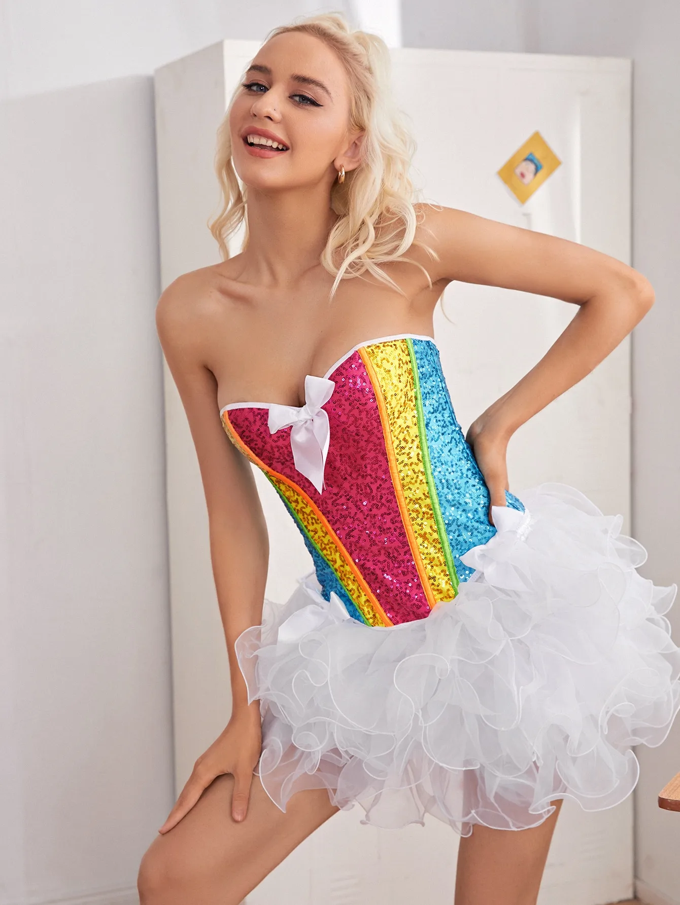 

Rainbow Color Sequined With White Bows Burlesque Costume Women Corset Gothic Clothing Party Wear