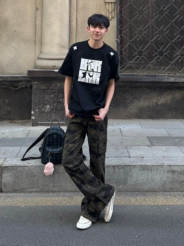 American Retro Camouflage Work Pants Men's Design Sense Small Audience Splicing Micro Flared Pants Cool Knife Straight Jeans