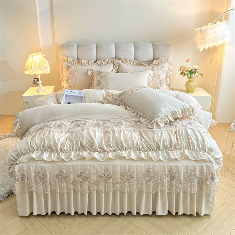 AI WINSURE-Brushed 4pcs Bedding Set, Queen King Size, Lace Bedspread, Elegant Duvet Cover Set, with 2 Pillowcases, Wholesale