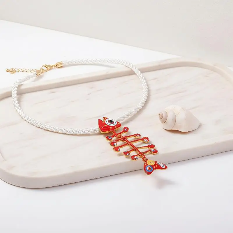 Fish Bone Pendant Necklace Boho Hand Woven Rope Alloy Printed Fadeless Neck Jewelry for Girls Birthday Gift Choice