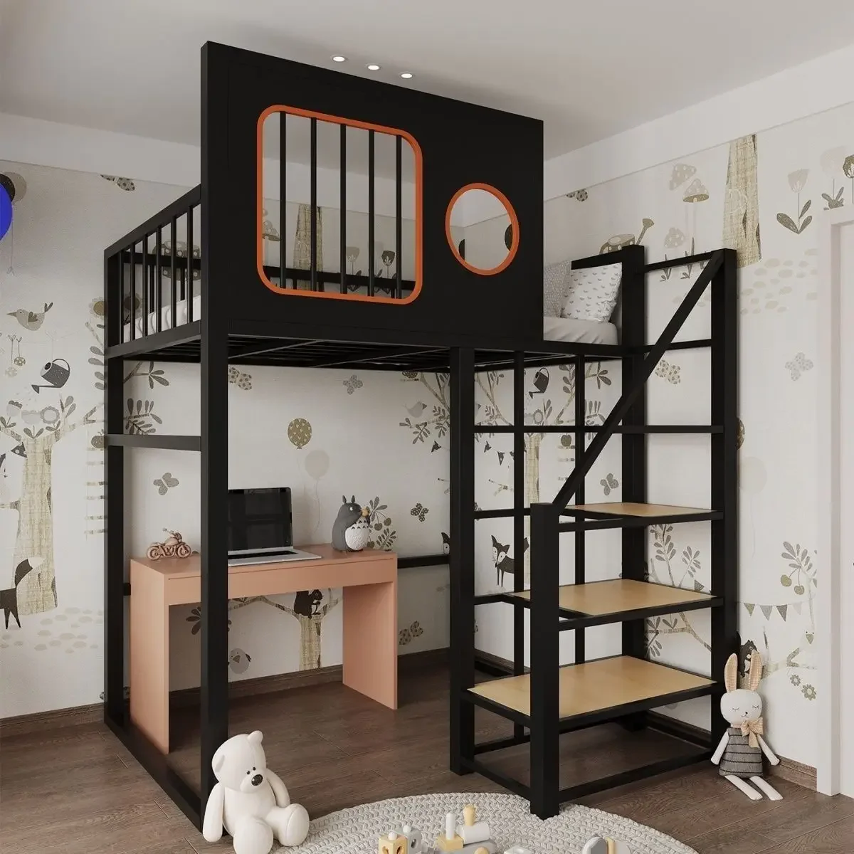 Nordic Province space suspended bed wardrobe ladder suspended wall elevated bed small apartment wrought iron bed