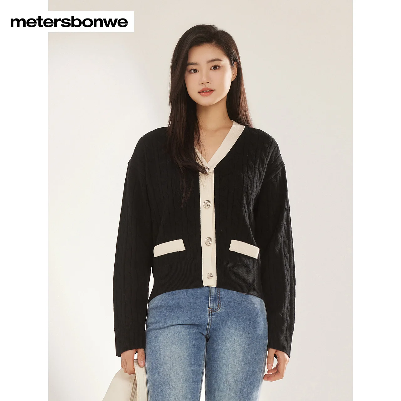 Metersbonwe-New Women\'s Knit V-Neck Cardigan Color Clash Short Sweater Commuter Office Lady Elegant Wear Autumn Winter