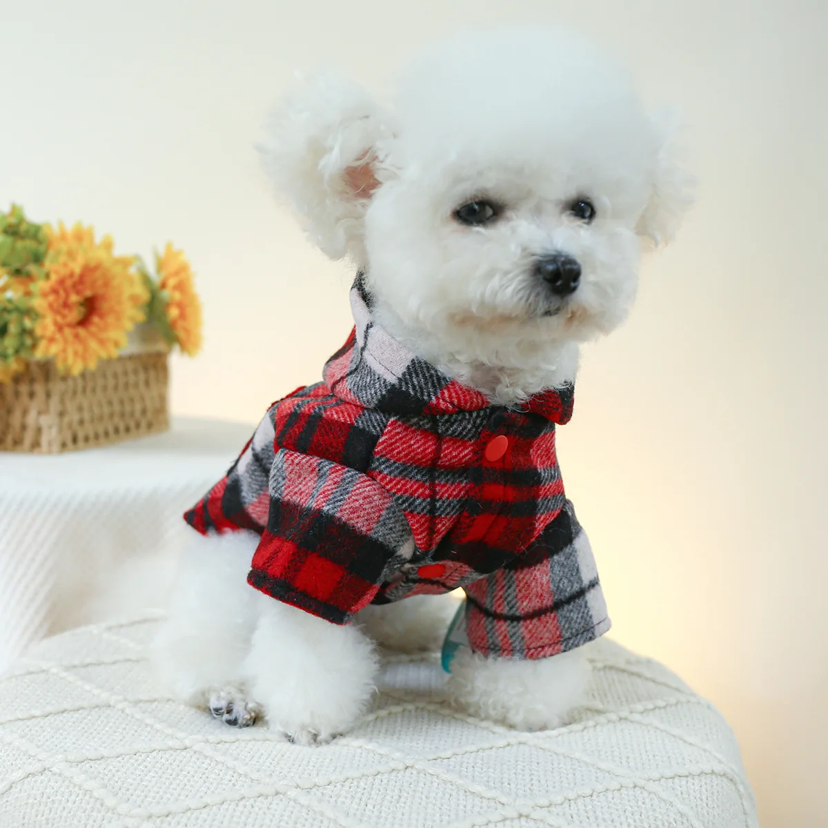 Pet Christmas Plaid Hooded Coat Cat Clothing Autumn and Winter Warm Red Plaid Windbreaker Dog Clothes for Small Dogs Puppy