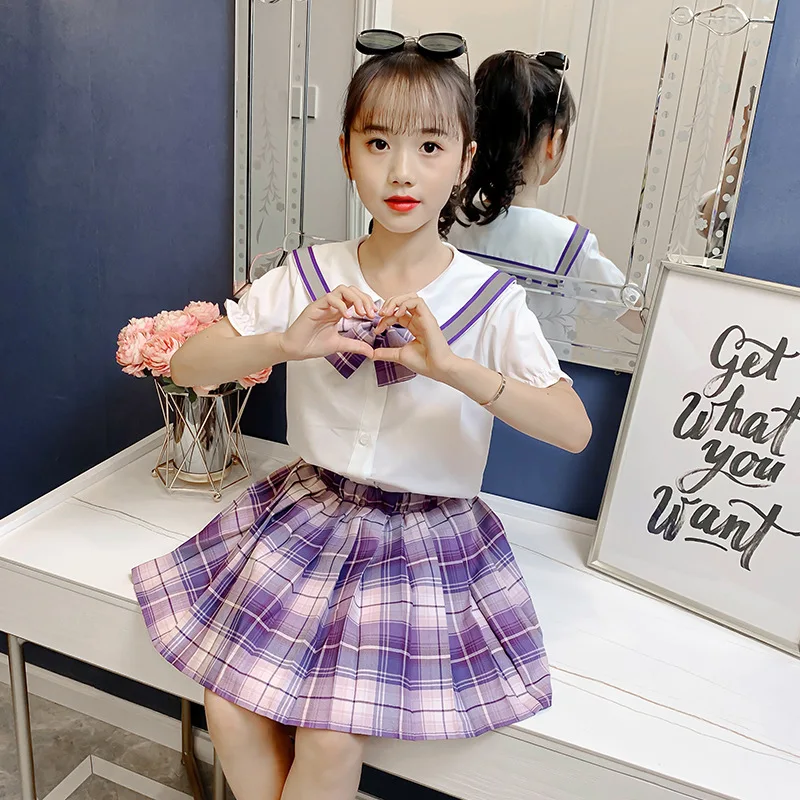 

Kids Outfits New Summer Girls Clothes Children Shirt + Skirt 2PCS Suit for Girls Teen Preppy Style Short Sleeve Sets 4-14 Years