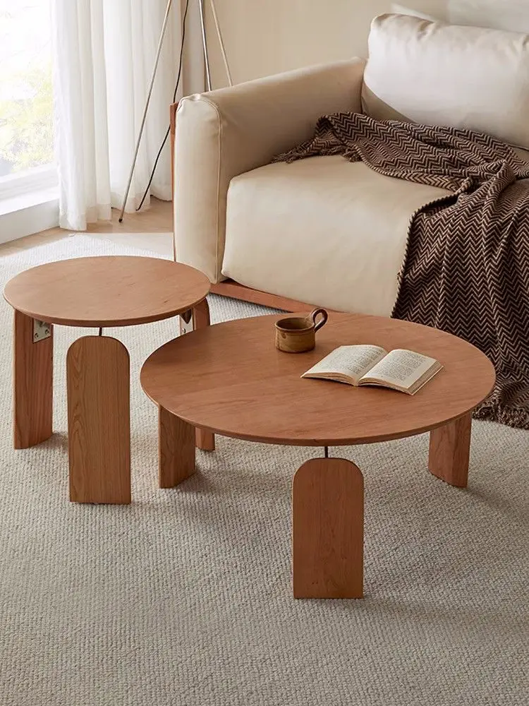 

Nordic Small House Solid wood circular coffee table in the living room Wooden combination tea table Simple and modern edge tab