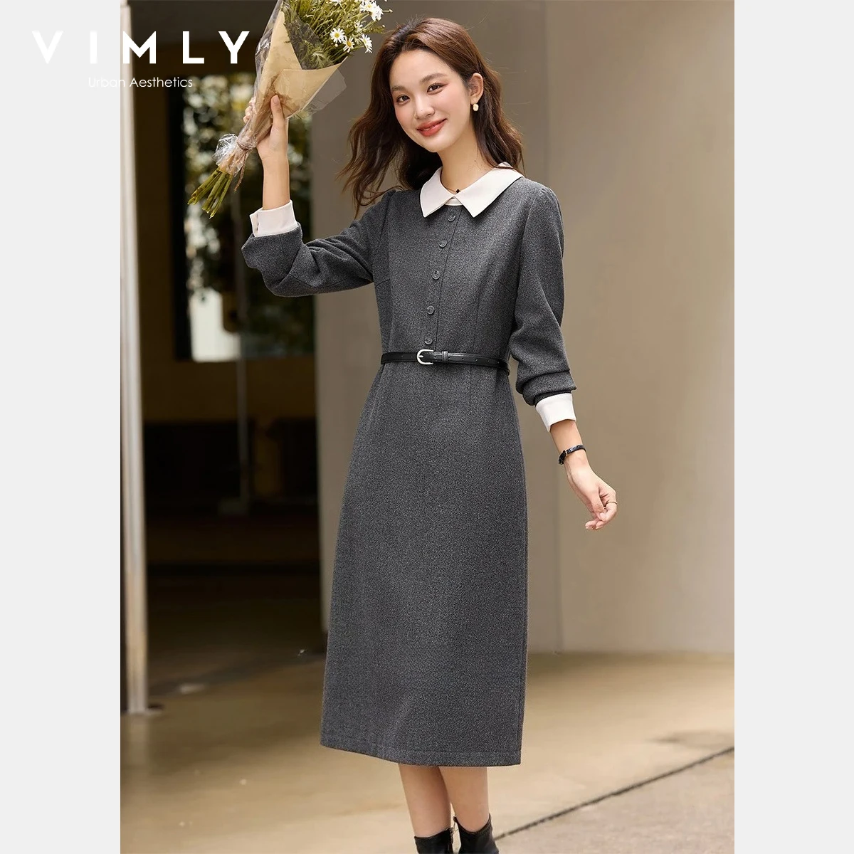 VIMLY robe Chic pour femmes décontracté contraste couleur une ligne robes longues 2025 hiver manchette boucle revers col femme vêtements A3391