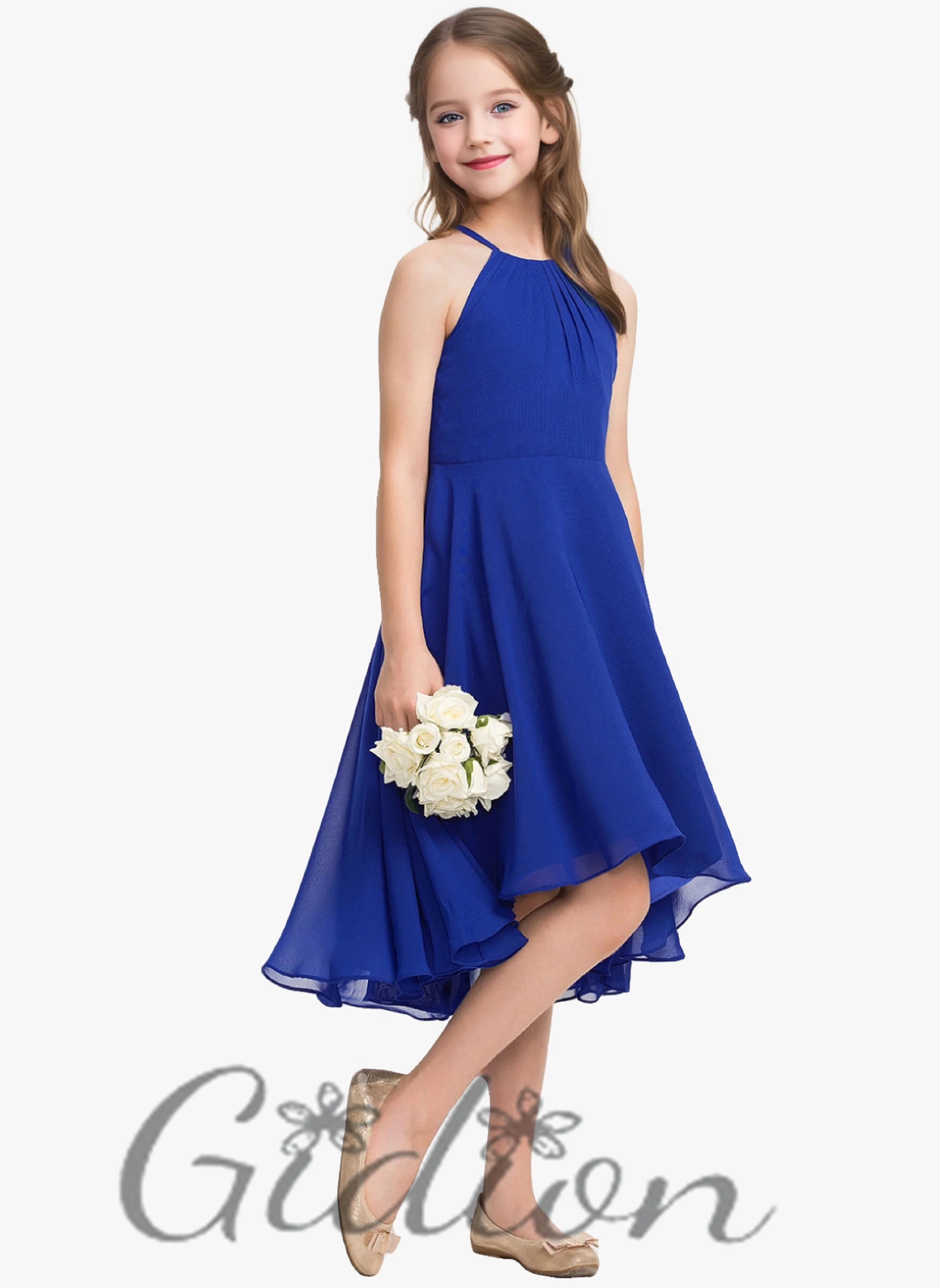 Chiffon Halter High-Low Kids Banquet Evening Birthday Party Flower Girl Wedding Celebration Pagent Ball Junior Bridesmaid Dress